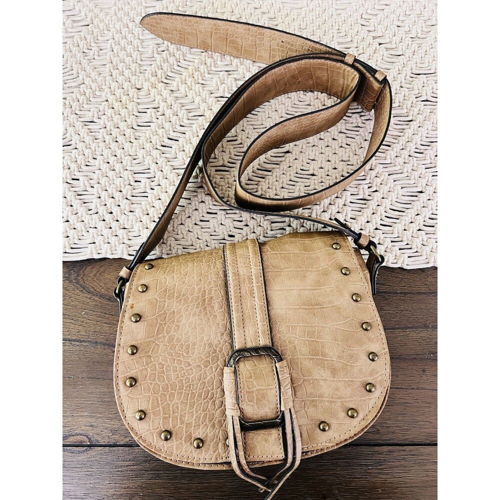 Jessica Simpson Asher Camel Brown Vegan Leather Crossbody Saddle Bag Purse Studs